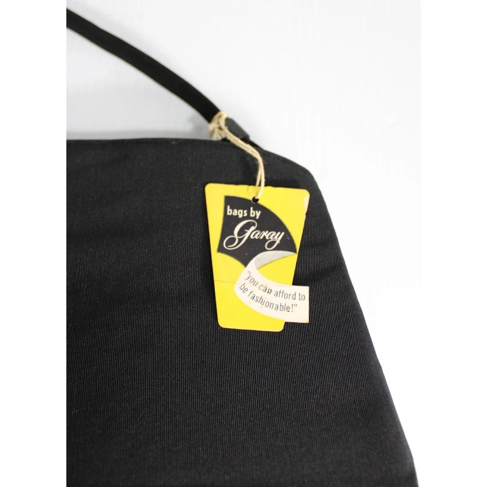 NOS Vtg 1950s Bags by Garay Black Faille Cloth Top Handle Handbag Purse with Tag